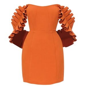 Andrea Iyamah Orange Off-Shoulder Ruffle Sleeve Bodycon Dress